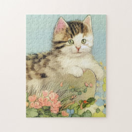 Vintage Katze-Illustration mit rosa Blume Puzzle