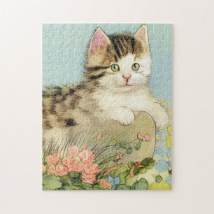 Vintage Katze-Illustration mit rosa Blume Puzzle