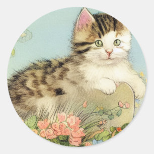 Vintage Katze-Illustration mit rosa Blume Runder Aufkleber