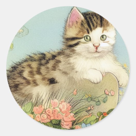 Vintage Katze-Illustration mit rosa Blume Runder Aufkleber (Vorderseite)