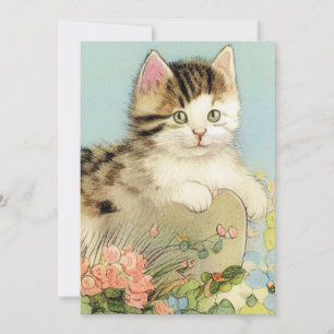 Vintage Katze-Illustration mit rosa Blume Save The Date