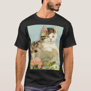 Vintage Katze-Illustration mit rosa Blume T-Shirt