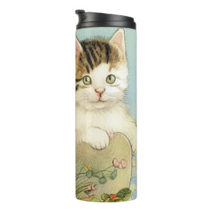 Vintage Katze-Illustration mit rosa Blume Thermosbecher