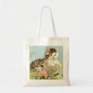 Vintage Katze-Illustration mit rosa Blume Tragetasche