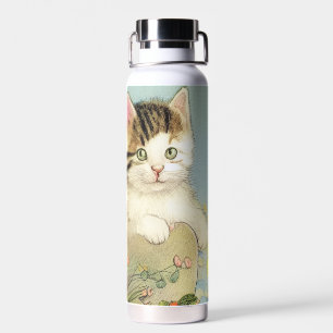 Vintage Katze-Illustration mit rosa Blume Trinkflasche