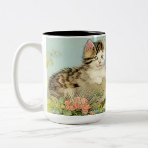 Vintage Katze-Illustration mit rosa Blume Zweifarbige Tasse