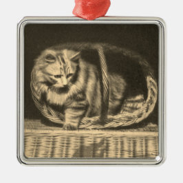 Vintage Katze in einem Korb Ornament Aus Metall