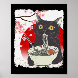 Vintage-Katze isst Ramen Lustige japanische Katzen Poster
