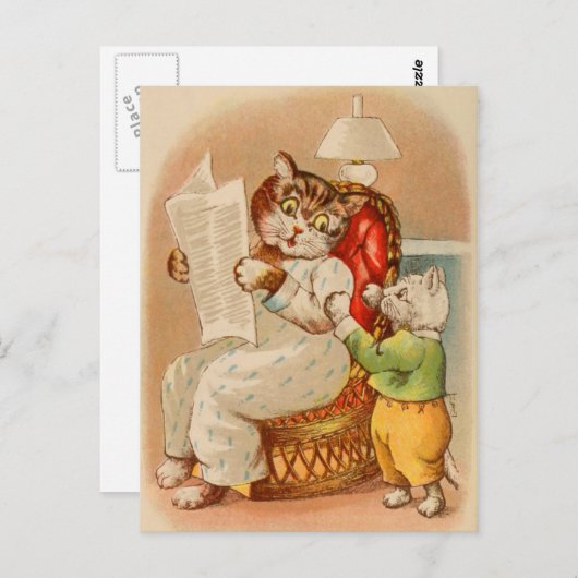 Vintage Katze Lesen der Zeitung Postkarte (Vorne/Hinten)