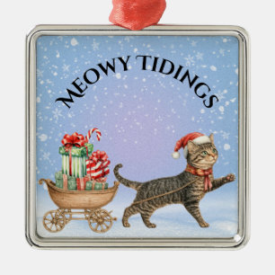 Vintage Katze-"Meowy-Tidings", Pullwagen Ornament Aus Metall