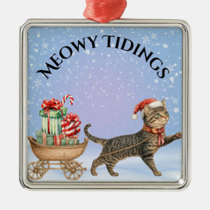 Vintage Katze-"Meowy-Tidings", Pullwagen Ornament Aus Metall