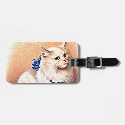 Vintage Katze mit Blue Bow Gepäckanhänger (Vorderseite horizontal)