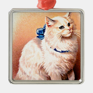 Vintage Katze mit Blue Bow Ornament Aus Metall