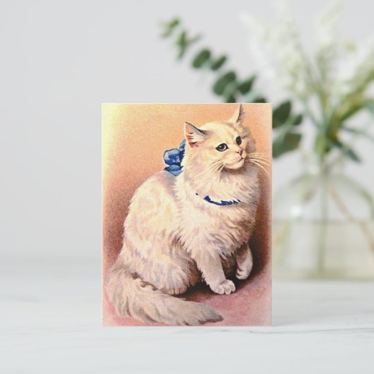 Vintage Katze mit Blue Bow Postkarte (Stehend Vorderseite)