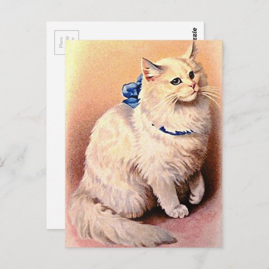 Vintage Katze mit Blue Bow Postkarte (Vorne/Hinten)