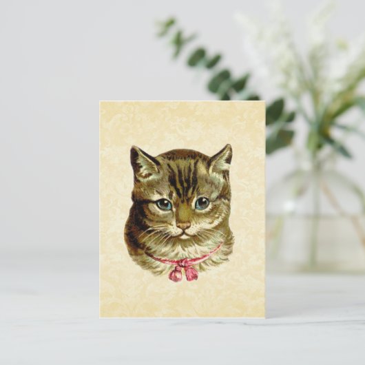 Vintage Katze mit rosa Bow Postkarte (Stehend Vorderseite)