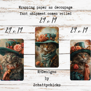 Vintage Katze mit Türkis Hut & Dekor decoupiert Geschenkpapier Set