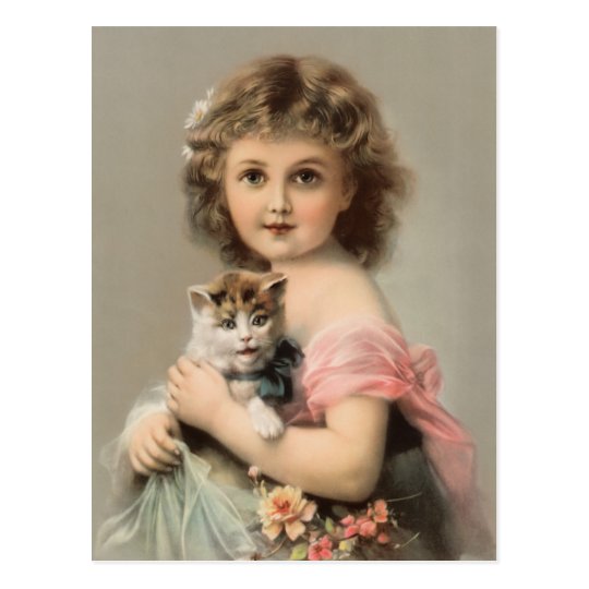 Vintage Katze und Mädchen Postkarte