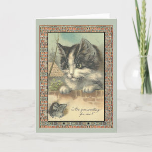 Vintage Katze und Maus "Warten auf mich?" Dankeskarte
