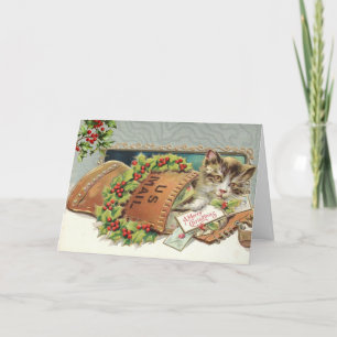 Vintage-Katze und Stechpalmenbeere Feiertagskarte