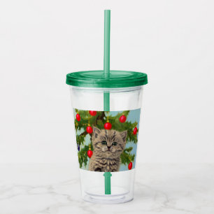 Vintage Katze und Weihnachtsbaum Acryltrinkbecher