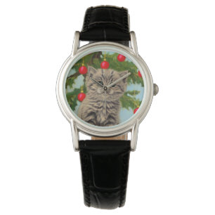 Vintage Katze und Weihnachtsbaum Armbanduhr