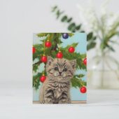 Vintage Katze und Weihnachtsbaum Feiertagspostkarte (Stehend Vorderseite)