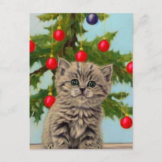 Vintage Katze und Weihnachtsbaum Feiertagspostkarte (Vorderseite)