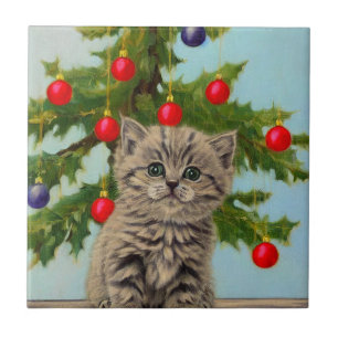 Vintage Katze und Weihnachtsbaum Fliese