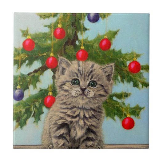 Vintage Katze und Weihnachtsbaum Fliese (Vorderseite)