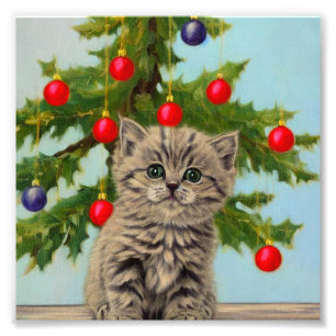 Vintage Katze und Weihnachtsbaum Fotodruck