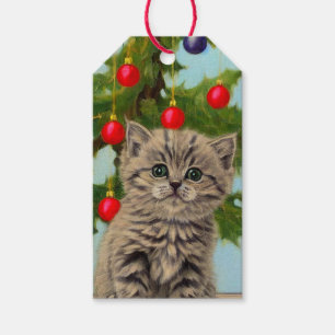 Vintage Katze und Weihnachtsbaum Geschenkanhänger