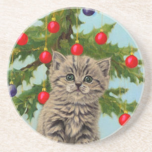 Vintage-Katze und Weihnachtsbaum Getränkeuntersetzer