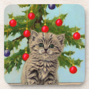 Vintage Katze und Weihnachtsbaum Getränkeuntersetzer