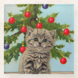 Vintage Katze und Weihnachtsbaum Glasuntersetzer