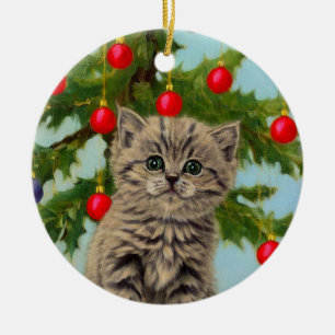Vintage Katze und Weihnachtsbaum Keramik Ornament