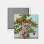 Vintage Katze und Weihnachtsbaum Magnet (Vorderseite/Rückseite)
