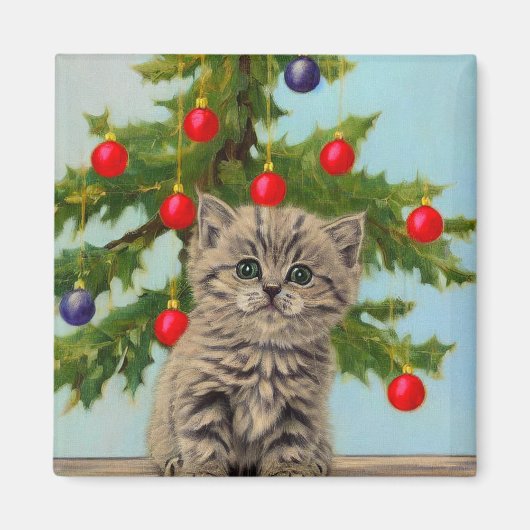Vintage Katze und Weihnachtsbaum Magnet (Vorne)