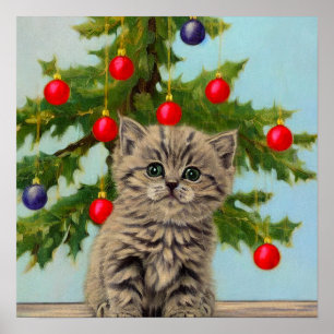 Vintage Katze und Weihnachtsbaum Poster