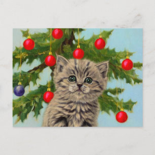Vintage Katze und Weihnachtsbaum Postkarte