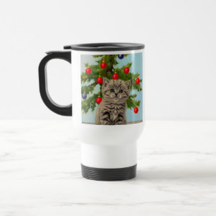 Vintage Katze und Weihnachtsbaum Reisebecher