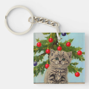 Vintage Katze und Weihnachtsbaum Schlüsselanhänger