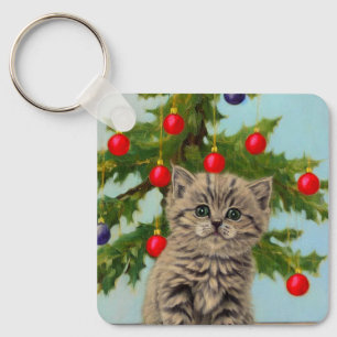 Vintage-Katze und Weihnachtsbaum Schlüsselanhänger