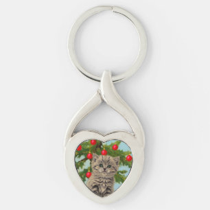 Vintage-Katze und Weihnachtsbaum Schlüsselanhänger