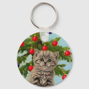 Vintage Katze und Weihnachtsbaum Schlüsselanhänger