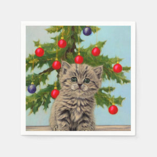 Vintage Katze und Weihnachtsbaum Serviette