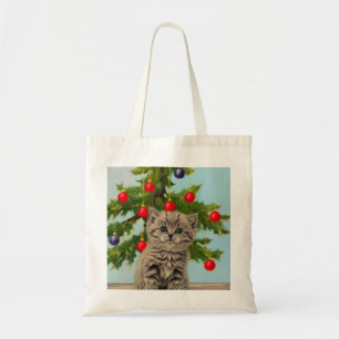 Vintage-Katze und Weihnachtsbaum Tragetasche