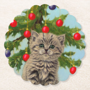 Vintage Katze und Weihnachtsbaum Untersetzer