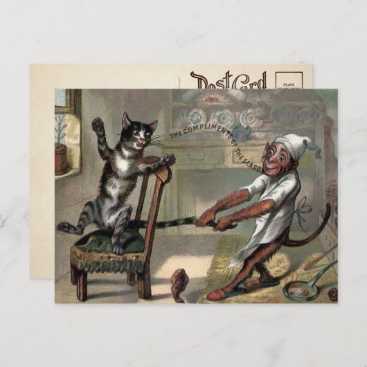 Vintage Katze und Weihnachtskarte für den Affen Postkarte (Vorne/Hinten)