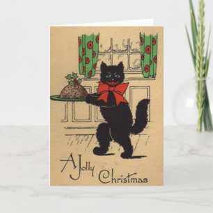 Vintage - Katze und Weihnachtspudding, Feiertagskarte
